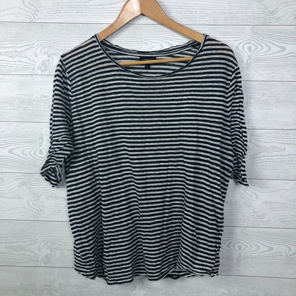 Who What Wear Women's XL 100% Linen Striped Scoop Neck Tee Shirt Black White